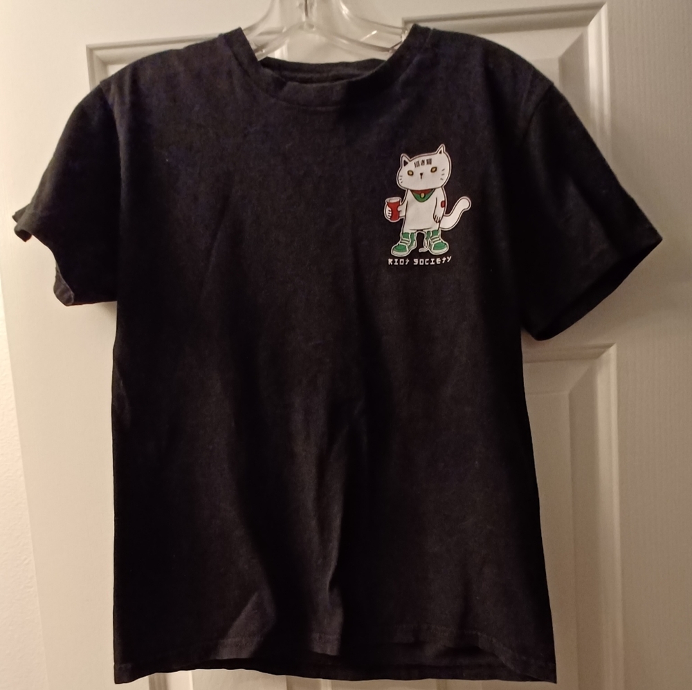 Riot Society M Junior Blk Wht Graphic Asian Cat Sardine Short Sleeve Tee T-Shirt